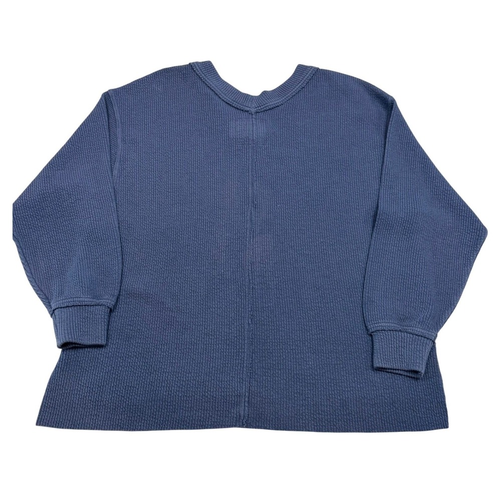 Aerie Oversized Waffle Knit V-Neck‎ Sweater Navy Blue Slouchy Split Hem Small - Picture 2 of 5